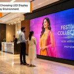 Modern commercial space showcasing LED display wall panels with vibrant digital signage displays.