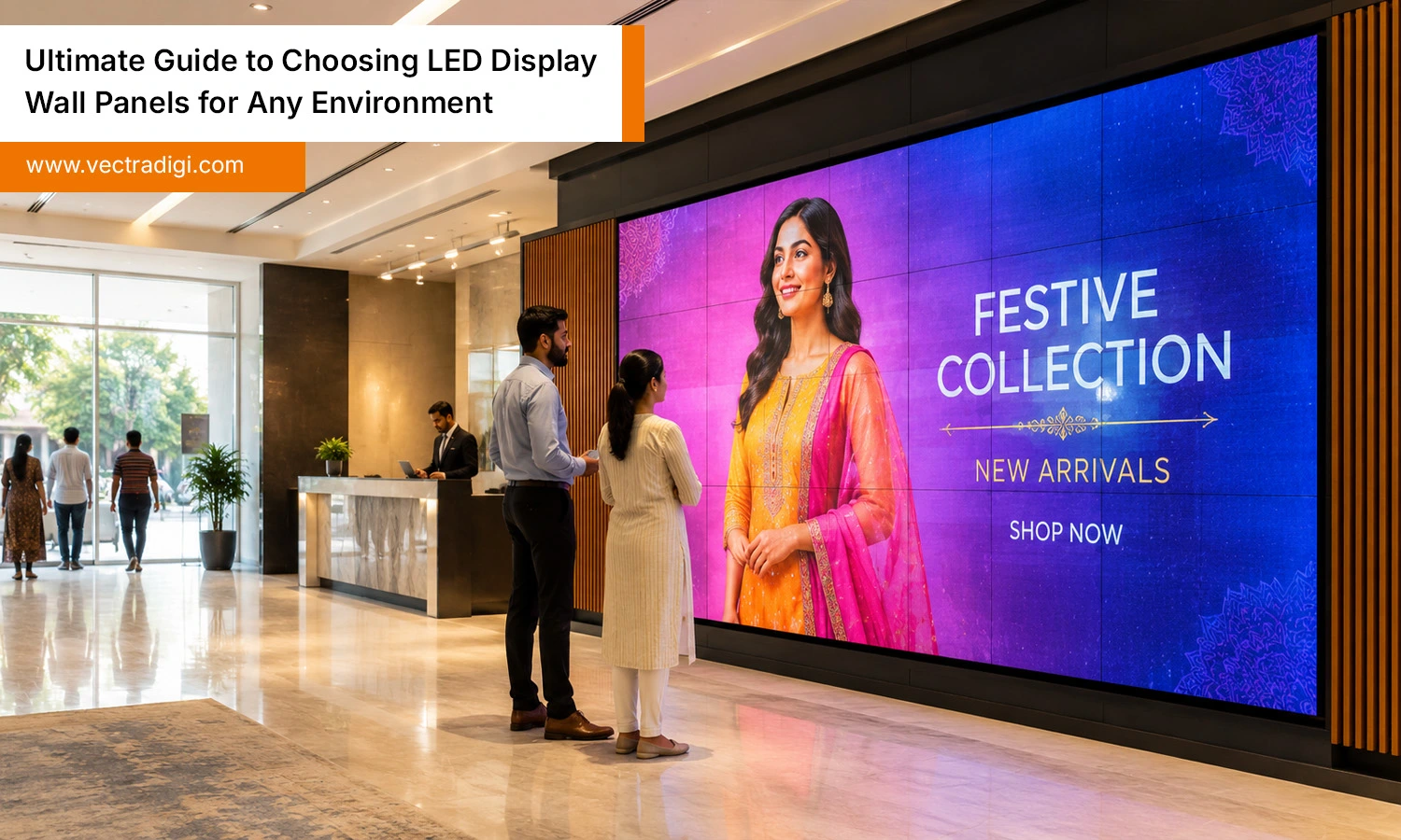 Modern commercial space showcasing LED display wall panels with vibrant digital signage displays.