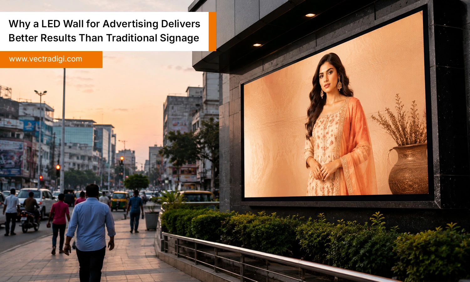 Modern LED wall for advertising on a busy Indian city street, attracting attention with bright digital display content.