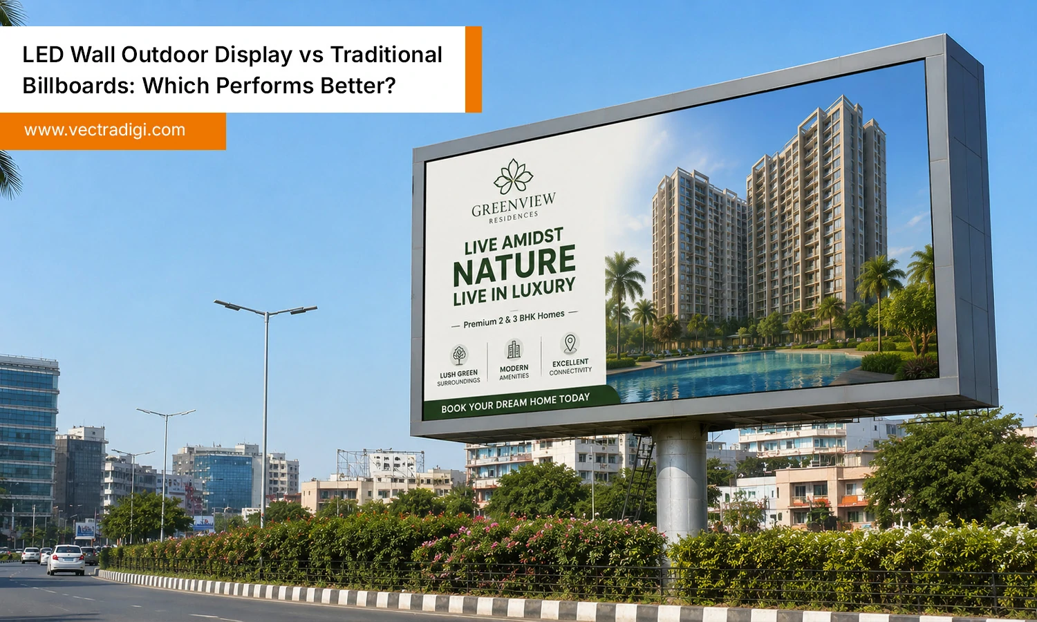 LED wall outdoor display showing a real estate advertisement on a busy urban road during daytime in India