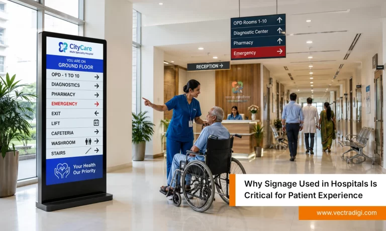 Signage led module guiding patients with clear digital directions in a modern Indian hospital lobby