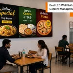 Restaurant active LED display managed with led wall software showing dynamic digital menu promotions.