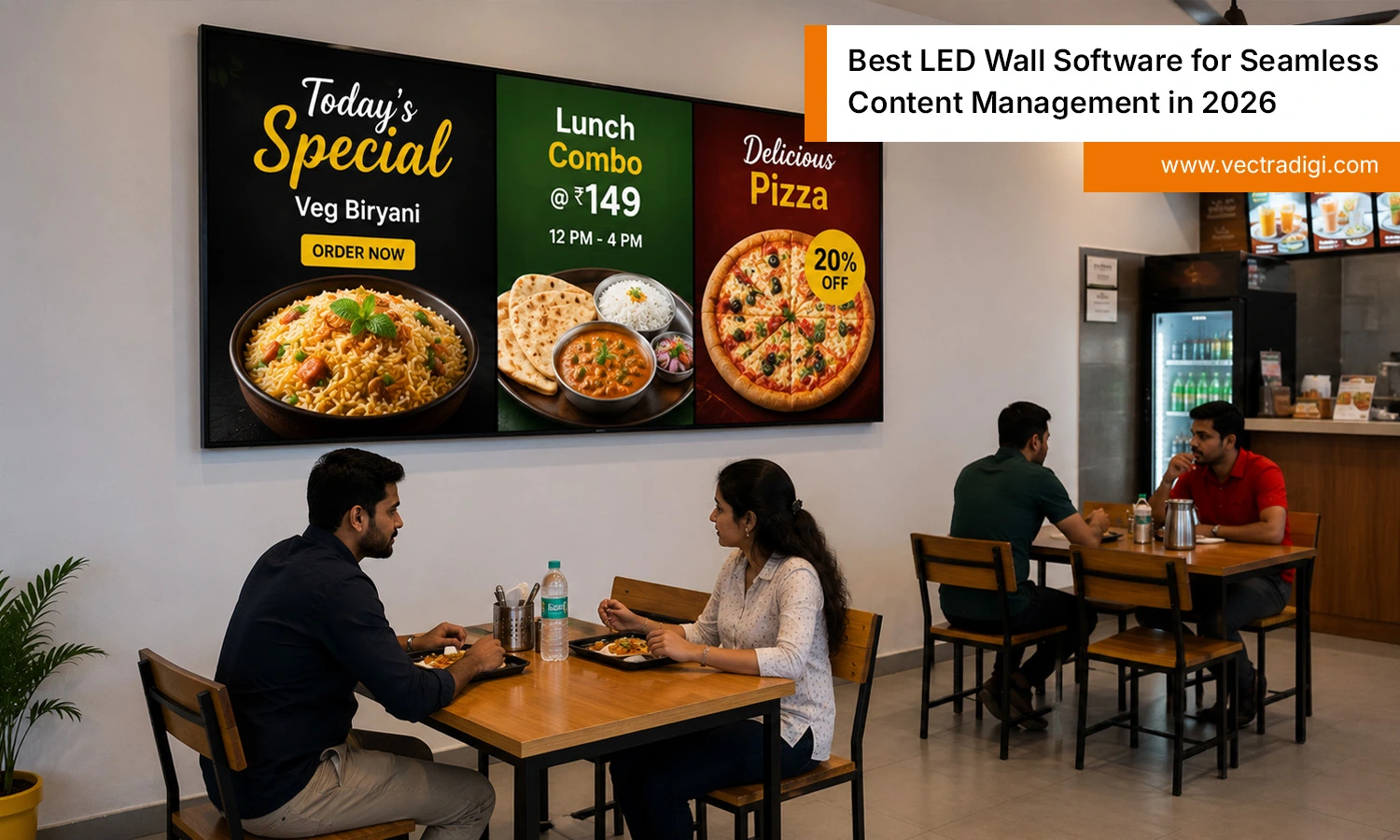 Restaurant active LED display managed with led wall software showing dynamic digital menu promotions.