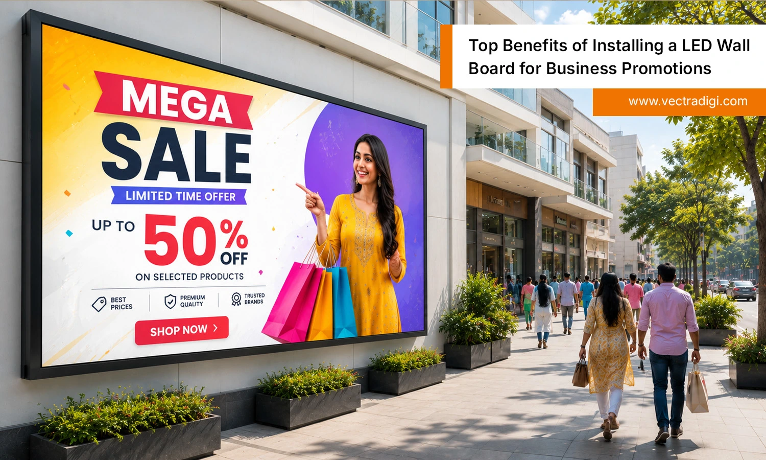 Modern LED wall board displaying a promotional sale advertisement outside an Indian commercial shopping complex during daytime.