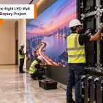 Indian technicians installing LED wall cabinet for a seamless commercial display project