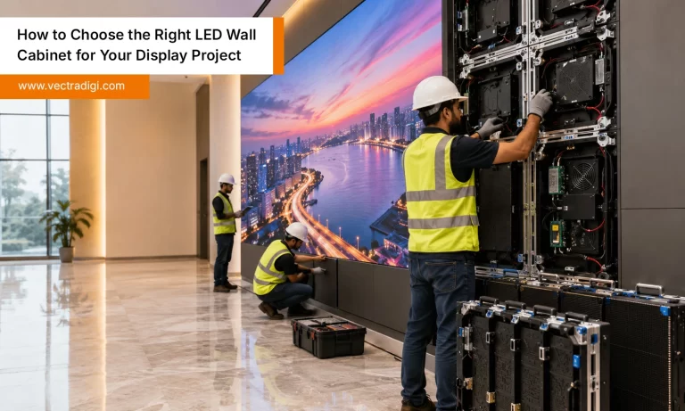 Indian technicians installing LED wall cabinet for a seamless commercial display project