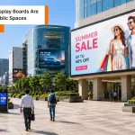 Modern led wall display board showing retail ad in an Indian smart city plaza with vibrant ads today