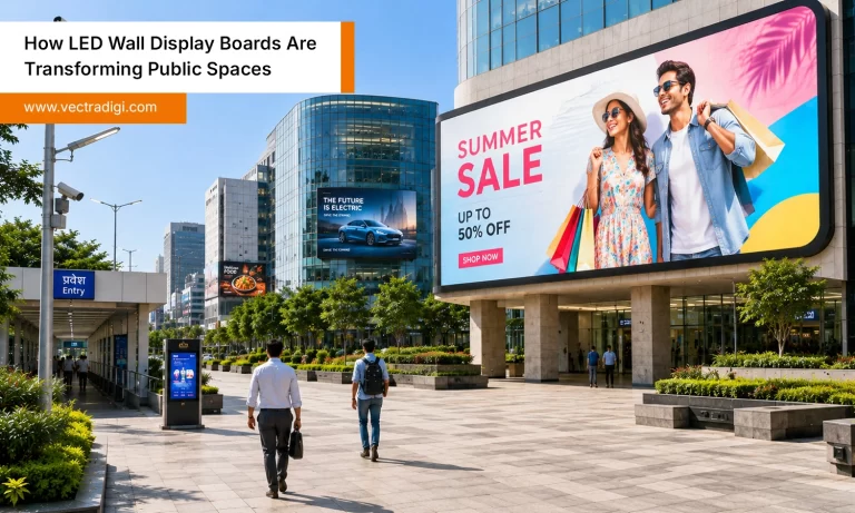 Modern led wall display board showing retail ad in an Indian smart city plaza with vibrant ads today