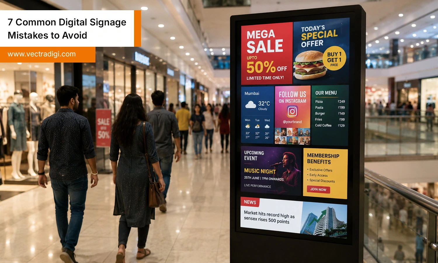 Indian shopping mall with a digital signage screen displaying multiple promotions, menus, and updates.