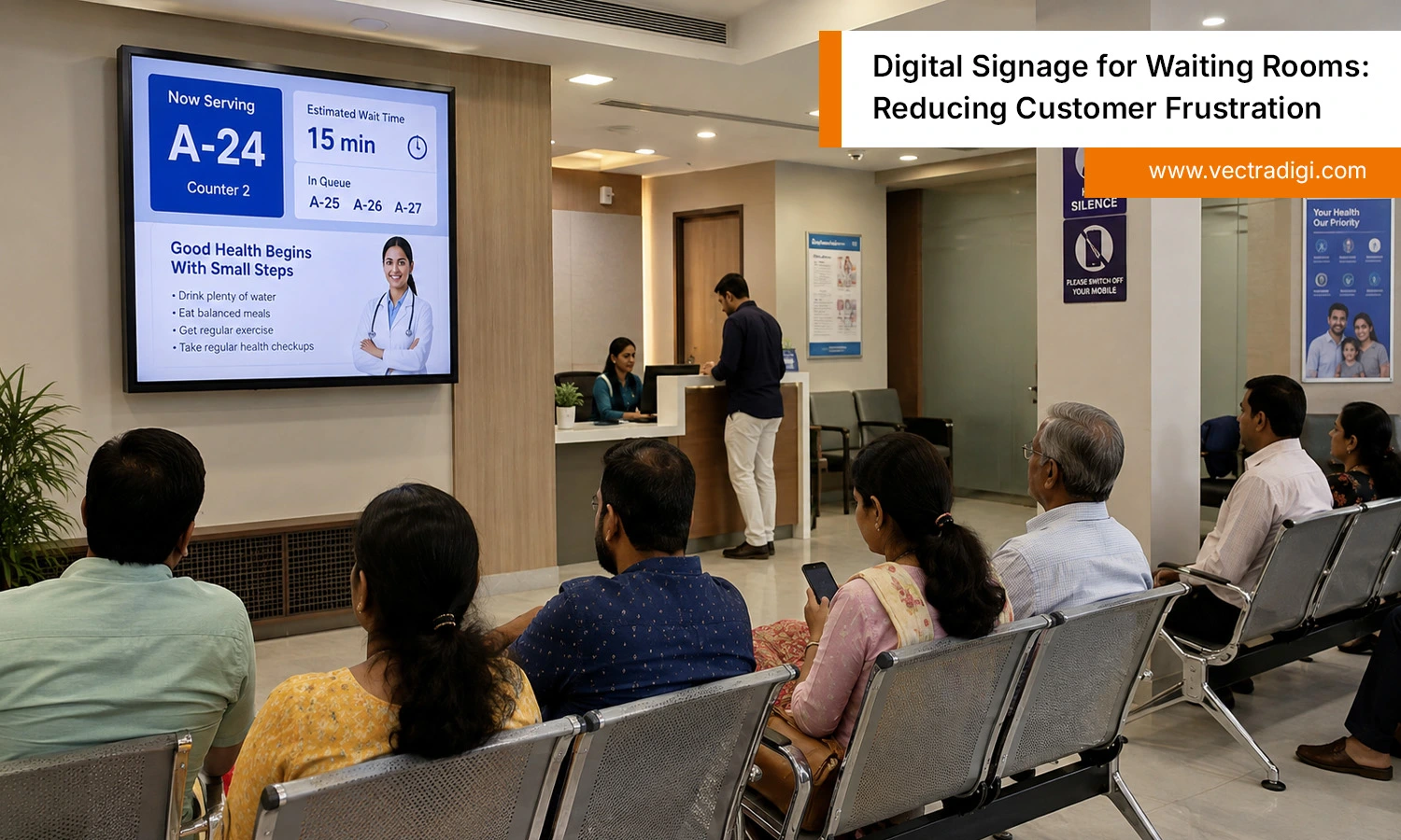 Indian clinic waiting room with digital signage displaying real-time queue and wait updates