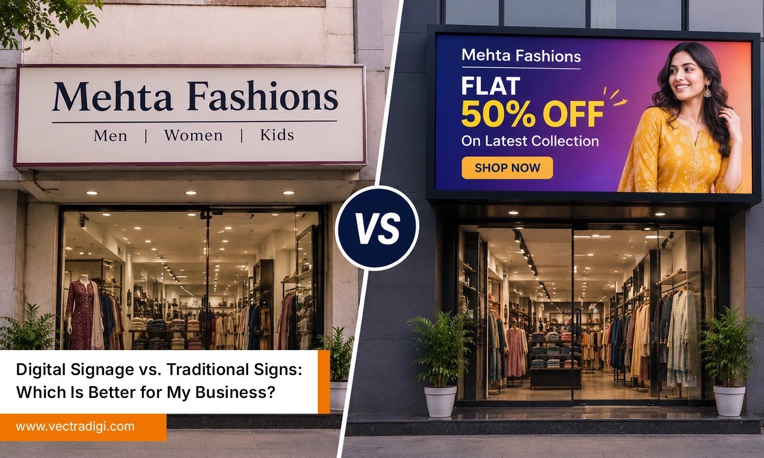 Digital signage vs traditional signs on Indian storefronts showing modern and printed displays