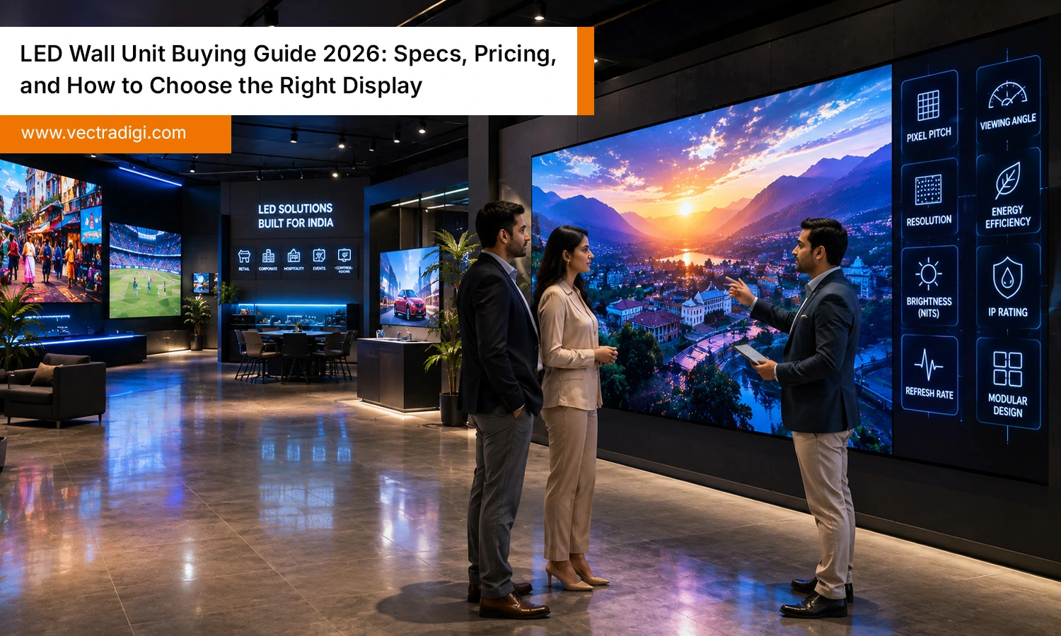 Indian professionals evaluating a premium LED wall unit in a modern showroom with advanced display technology