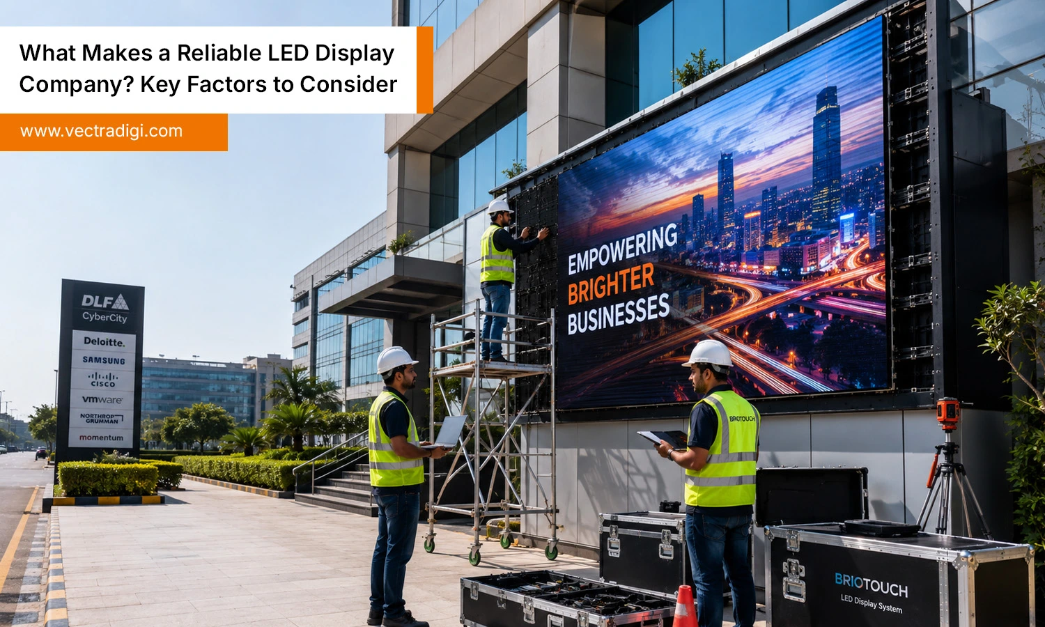 LED display company installing a high-quality outdoor LED display at an Indian corporate building