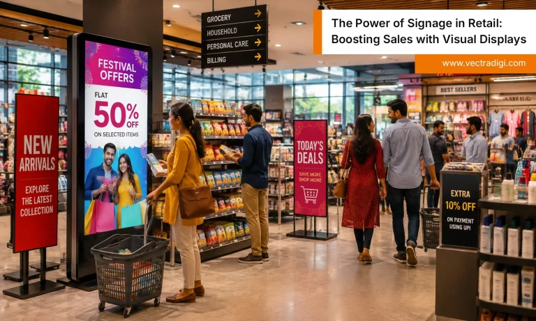 Signage in retail with digital displays attracting Indian shoppers in a modern retail store setting