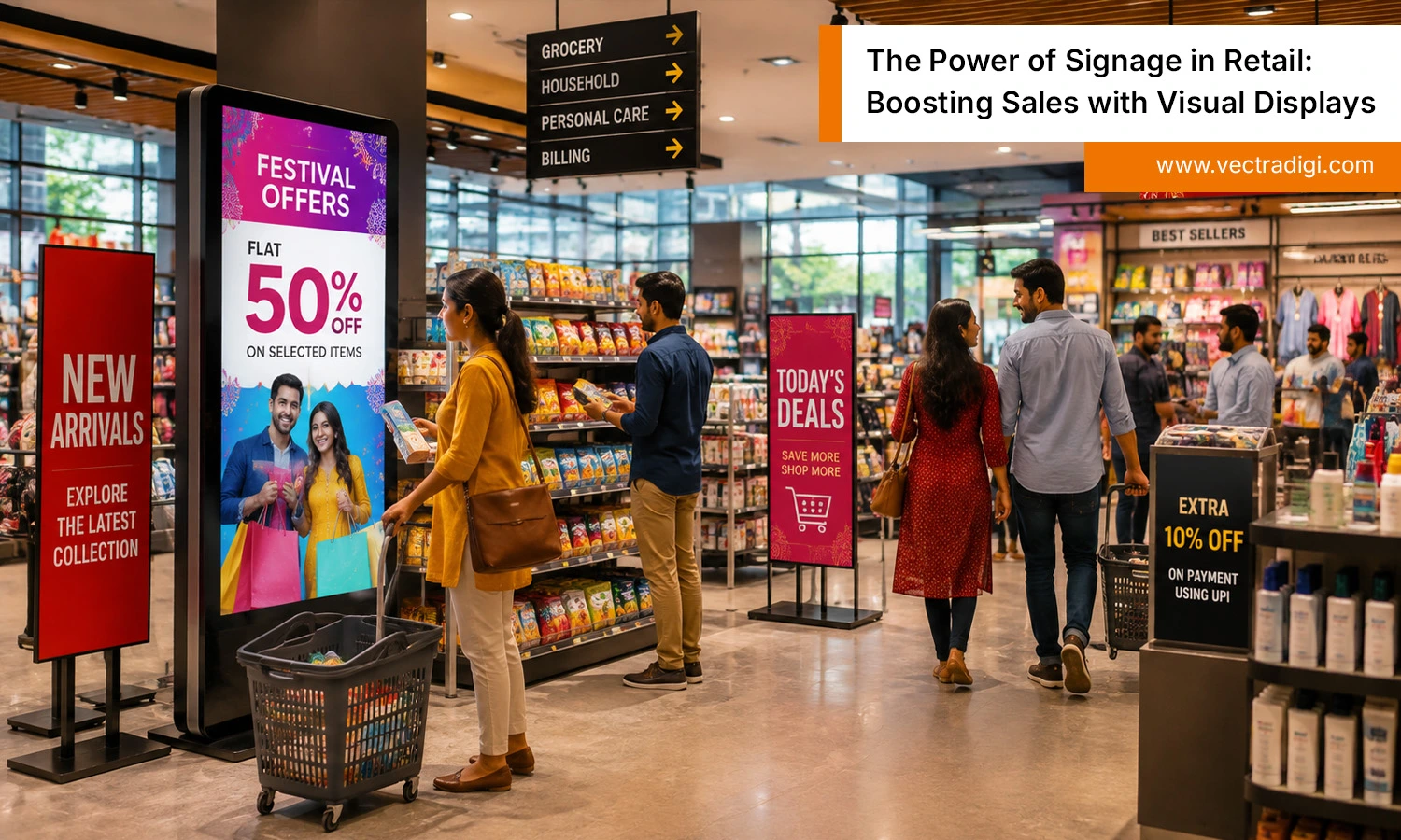 Signage in retail with digital displays attracting Indian shoppers in a modern retail store setting