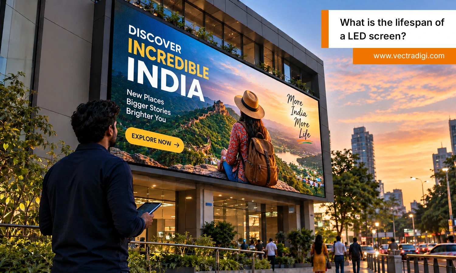 Active LED display showing an India tourism ad on a modern commercial building in an Indian city.