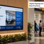 Digital signage for corporate offices in a modern Indian workplace with employees and company updates.