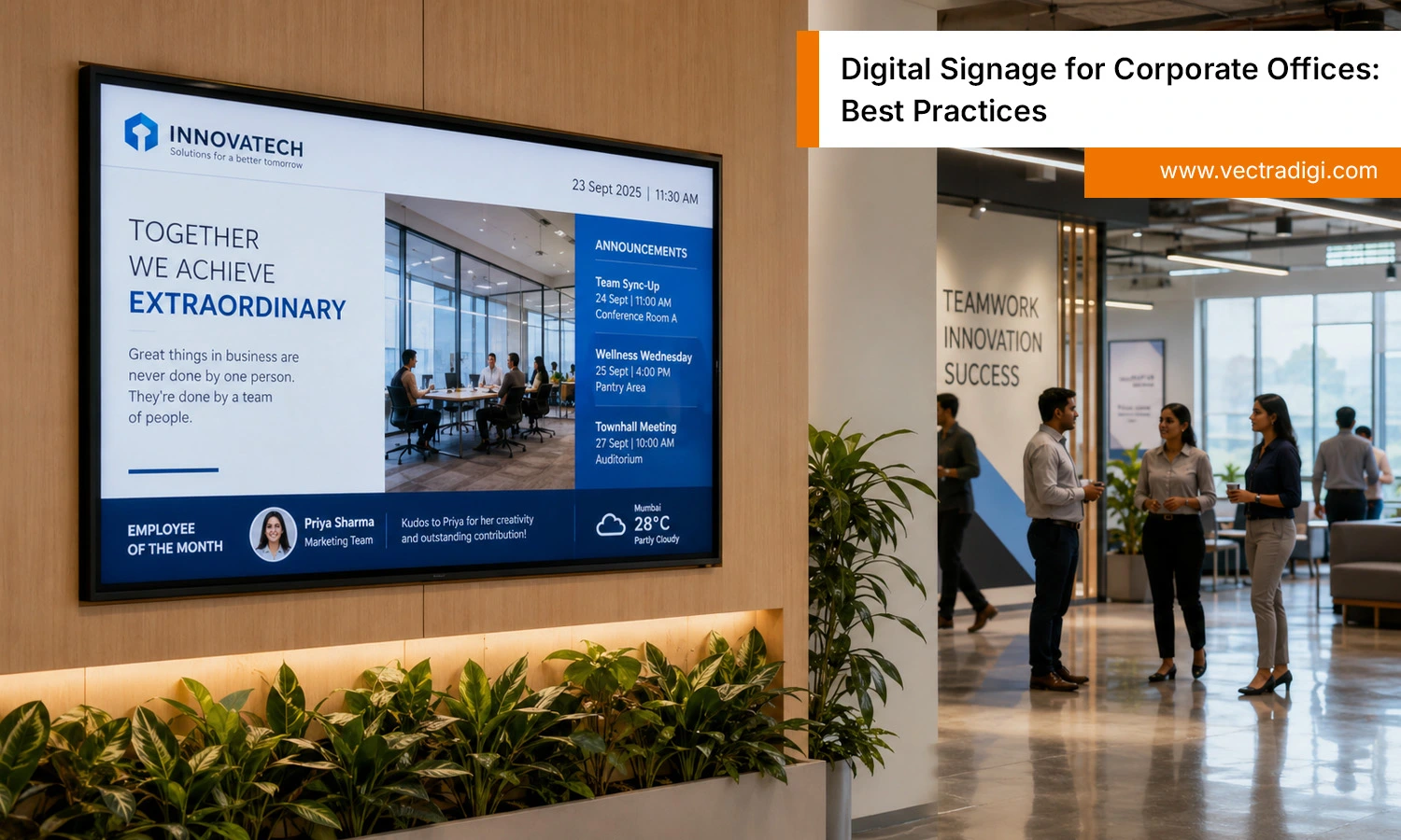 Digital signage for corporate offices in a modern Indian workplace with employees and company updates.