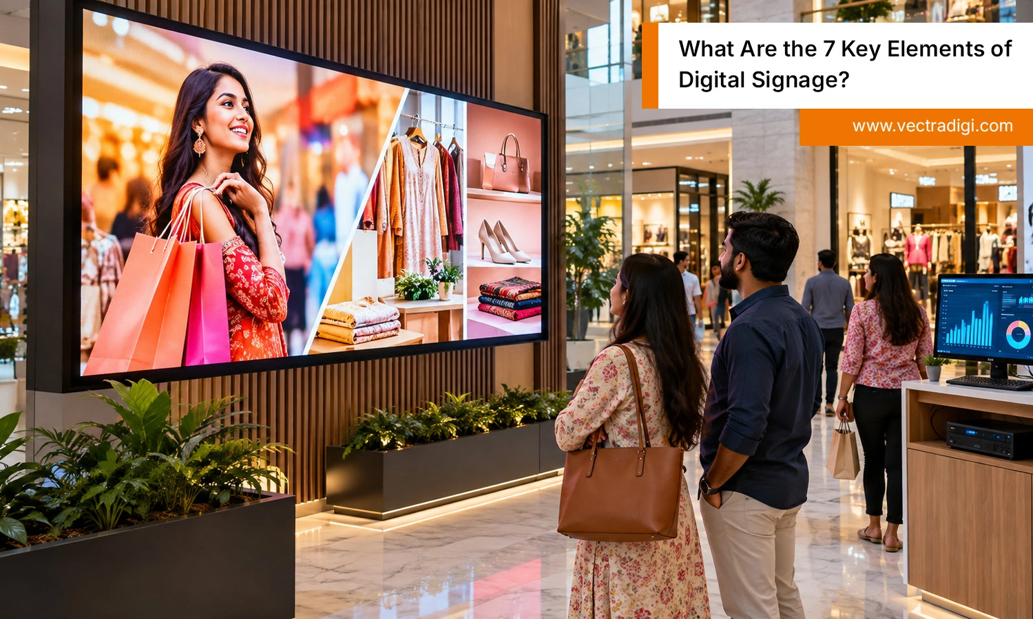 Indian retail mall featuring a modern digital signage display with engaging advertising content shown.
