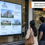 Indian real estate office showcasing properties with digital signage to attract potential buyers.