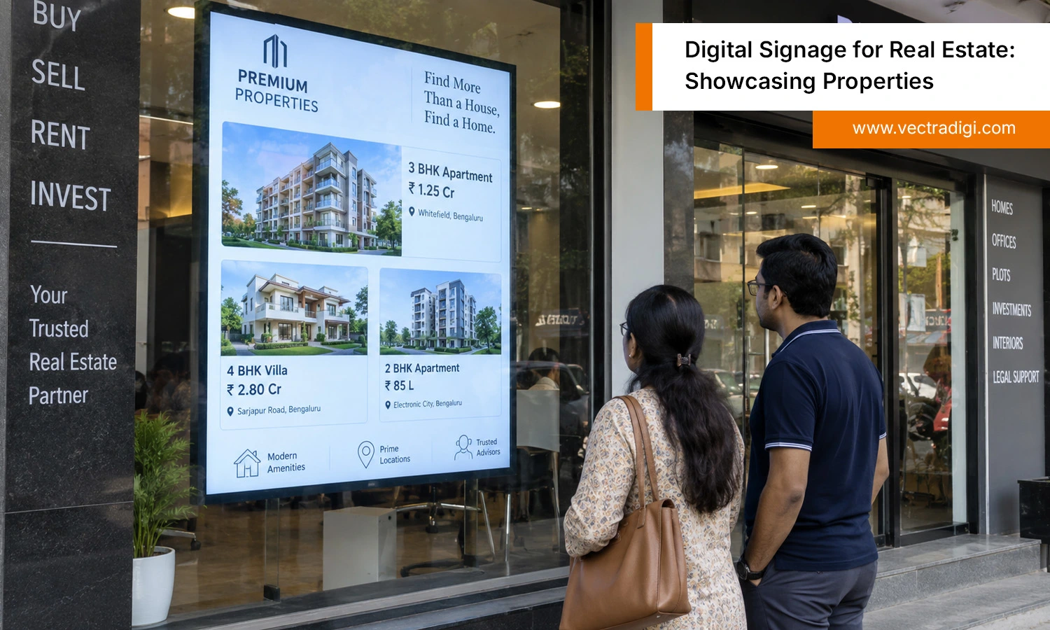 Indian real estate office showcasing properties with digital signage to attract potential buyers.