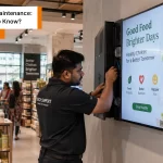 Indian technician performing digital signage maintenance on a display in a modern retail store.