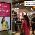 Indian retail store with digital signage promoting products and offers to shoppers for increased sales.