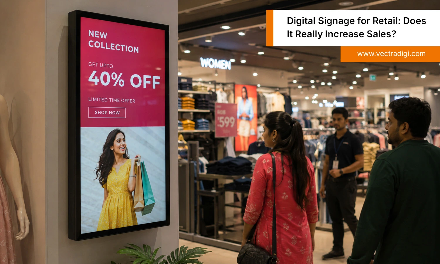 Indian retail store with digital signage promoting products and offers to shoppers for increased sales.