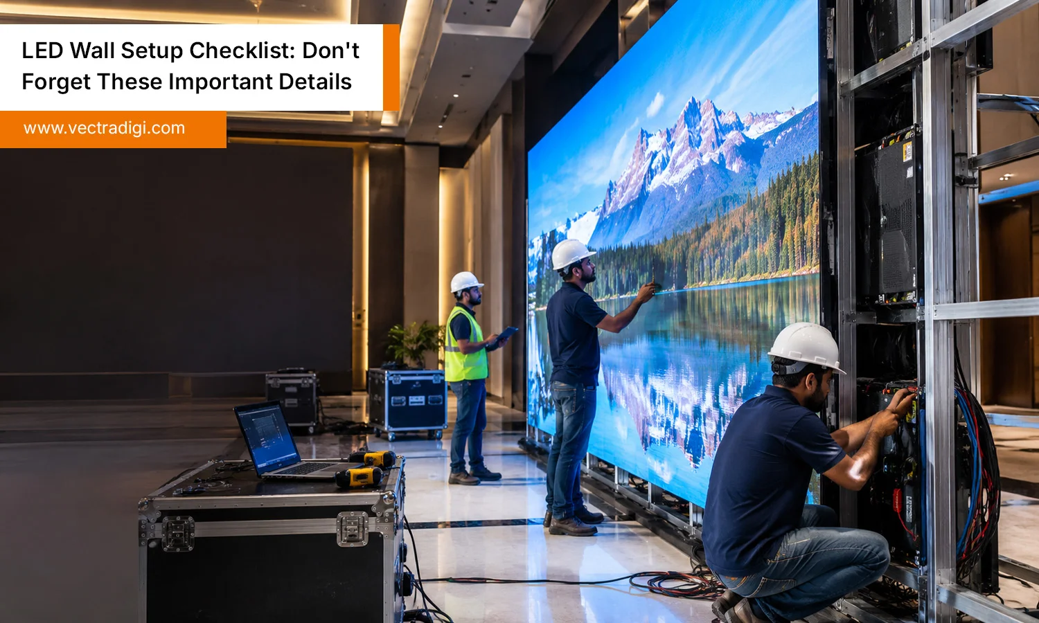 LED wall setup with technicians installing and testing a large LED display for professional use.