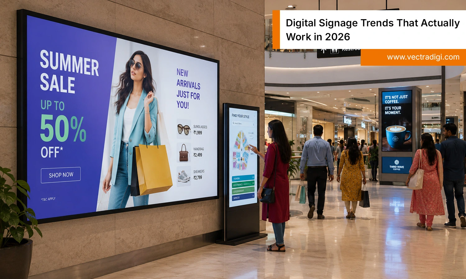 Modern Indian shopping mall with digital signage displays showing personalized retail content.