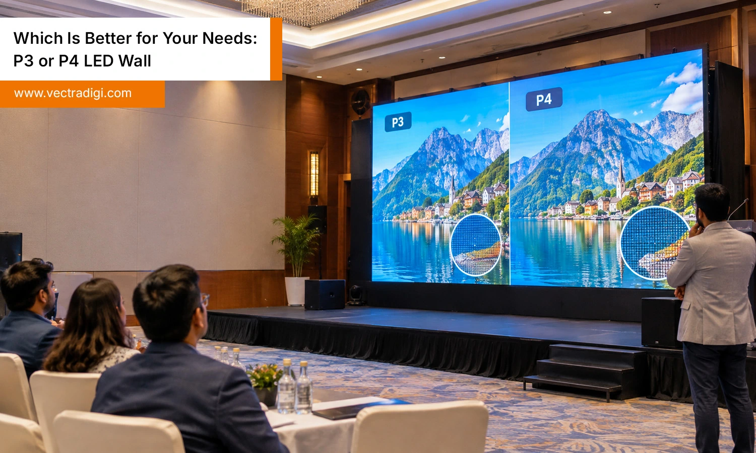 P3 vs P4 LED wall comparison showing high-resolution visuals at a professional conference event.