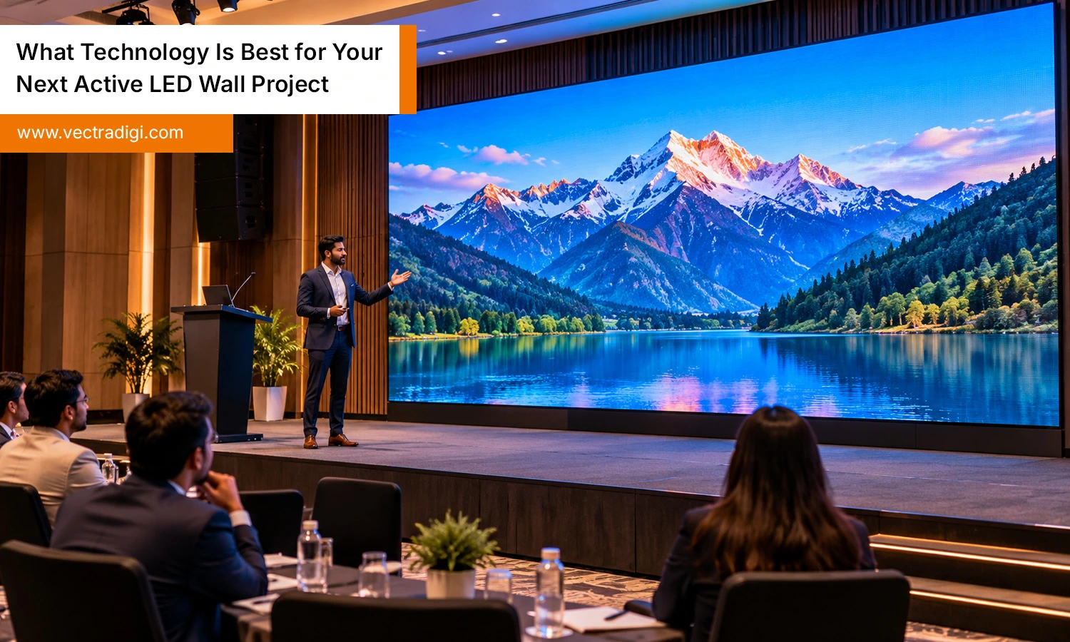 Best active LED wall technology in a modern Indian corporate auditorium for corporate presentations.