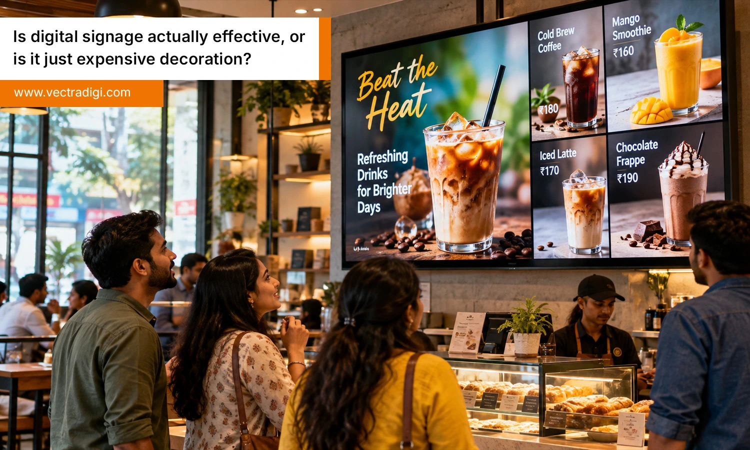 Smart digital signage system displaying dynamic drink promotions on a digital menu screen in a modern Indian café.