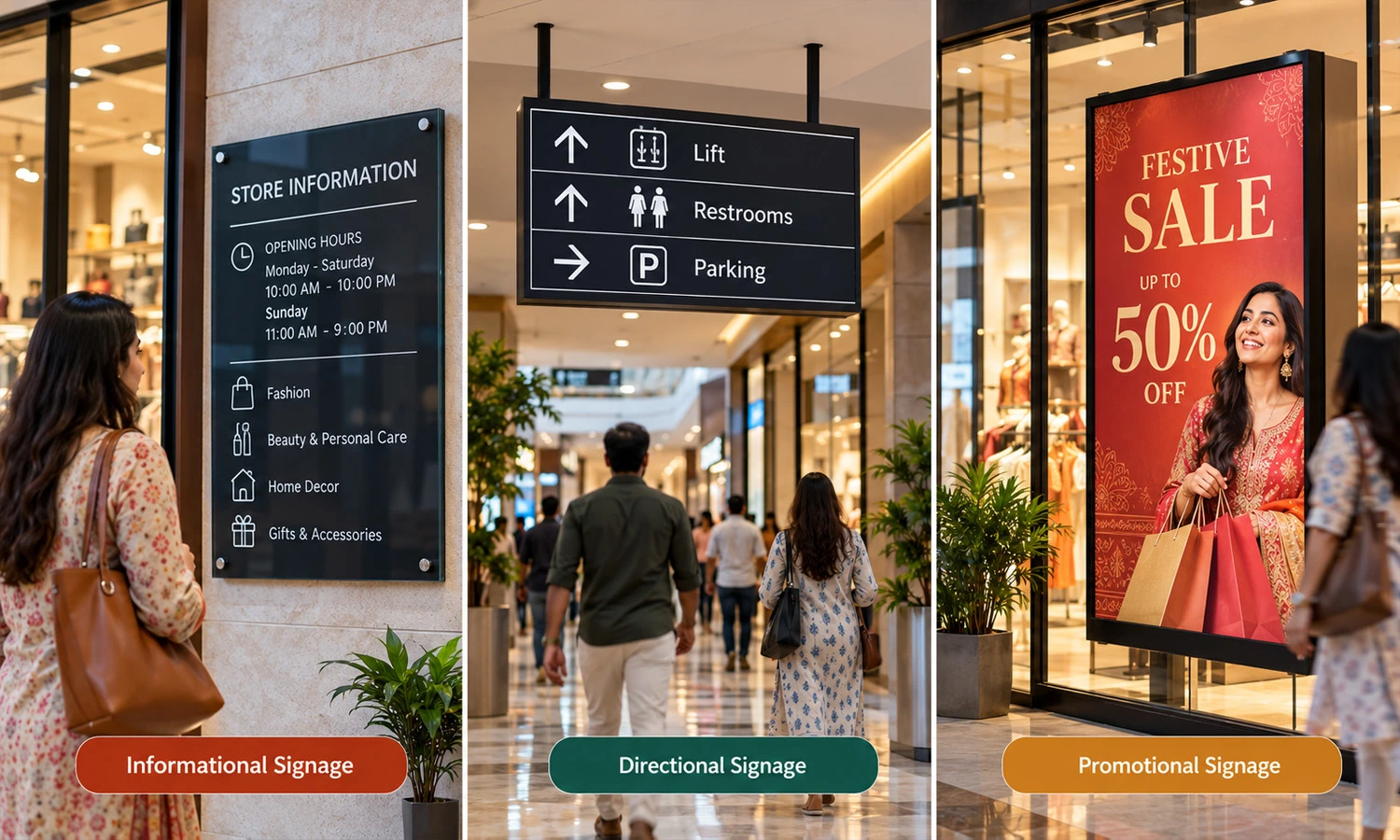 Three main types of signage: informational, directional, and promotional signs in India.